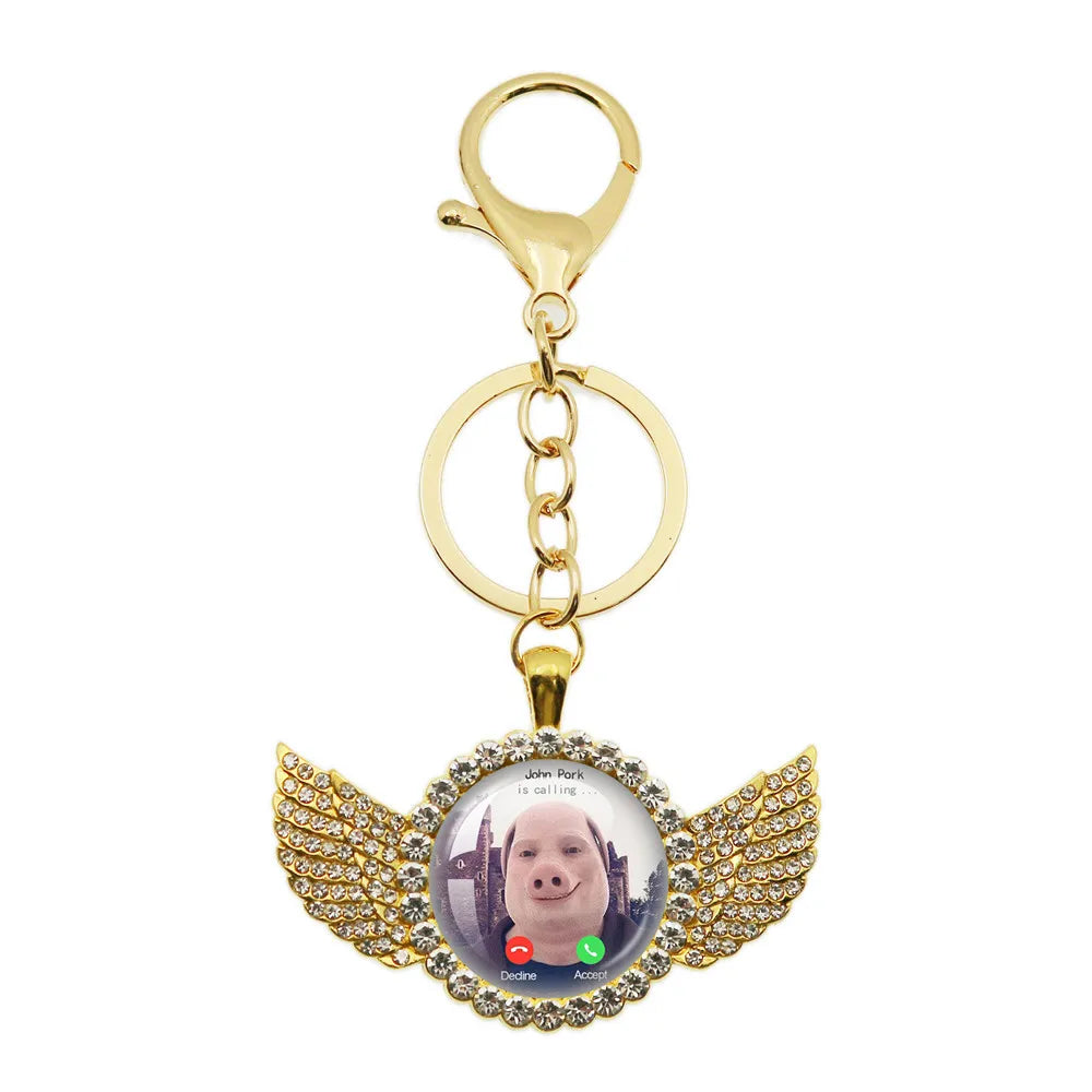 New John Pork Is Calling Answer Call Phone Humor Funny Pig Lover Graphic Meme Glass Dome Pendant Cabochon Keychain Jewelry Gifts