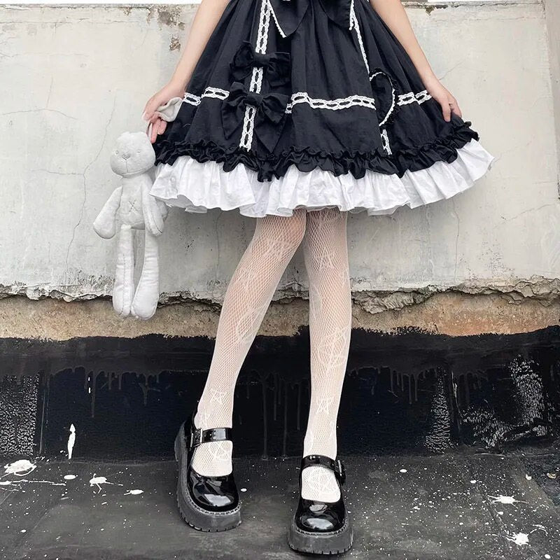 Lolita Cute Pentacle Print Tights Women Sexy Gothic Punk Magical Five-Pointed Star Mesh Fish Net Pantyhose Body Stockings