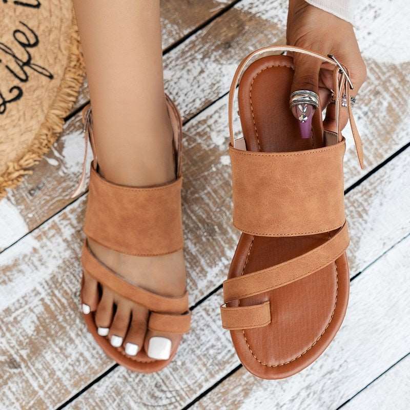 Summer New Roman Sandals Girls Pullover Toe Buckle Flat Beach Womens Shoes Retro Brown Narrow Band Sandals Plus Size 35~43