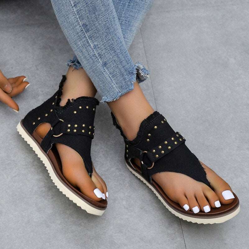 Summer New Style Rivet Sandals Womens Fashion Zipper Flat Retro Flip-flops Comfortable Clip-toe Beach Sandalias for Women