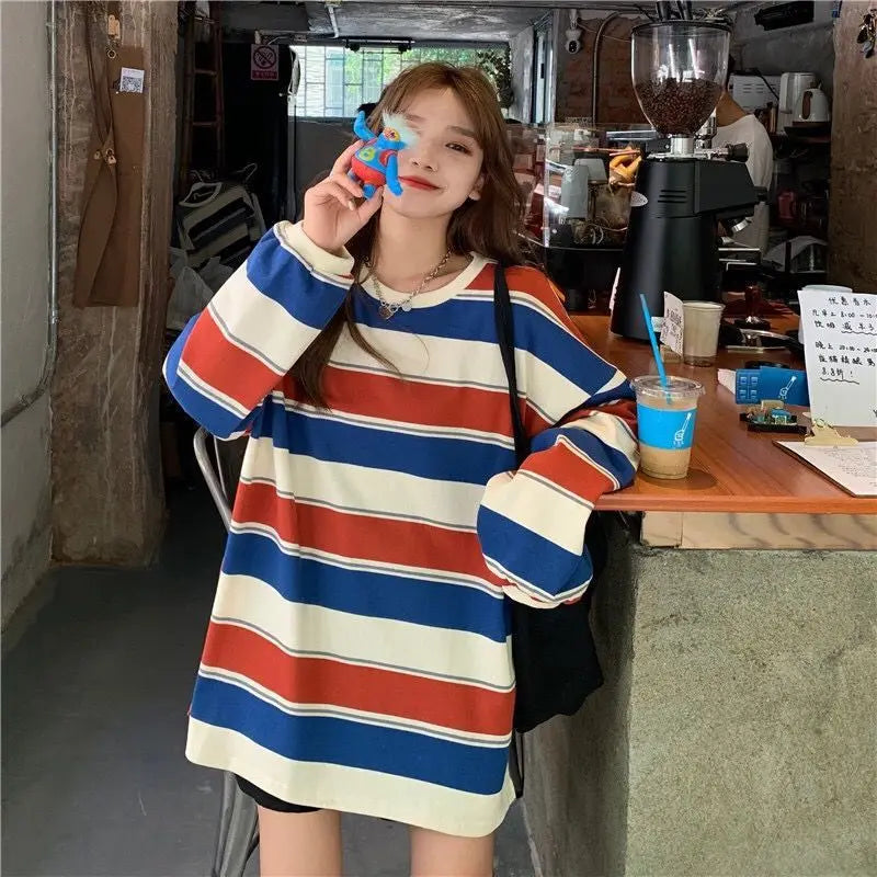 Multi Striped Patchwork Loose T-shirts Summer Women O-Neck Long Sleeve School Tee Tops CDPF-6851