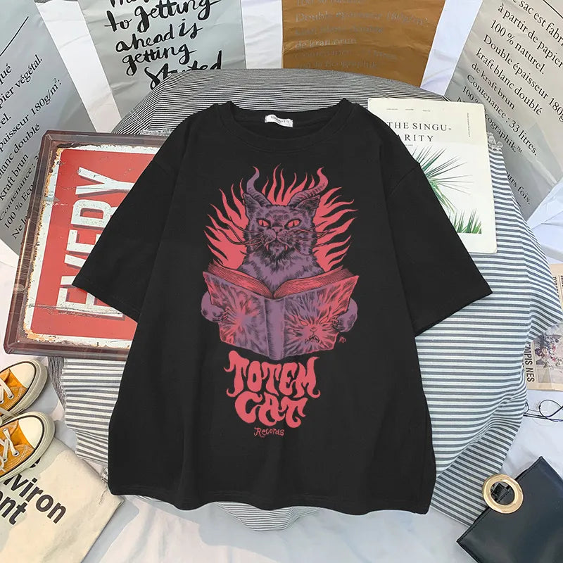 Summer Harajuku Goth Cat Y2k Harajuku Tops Women T Shirt Summer Print Short Sleeve Loose Plus Size Clothes Oversized T-shirt