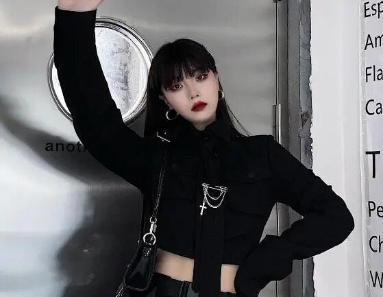 EMO Gothic Cargo Shirt Suit E Punk Chain Ribbon Skirts Goth Dress Autumn Streetwear Harajuku Black Grunge Aesthetic Clothes