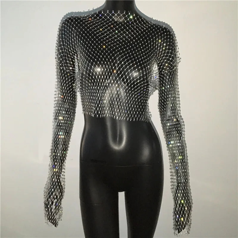 Autumn Women Sexy See Through Fishnet T Shirt Glitter Rhinestone Hollow Mesh Long Sleeve Crop Tops Nightclub Party Festival Top