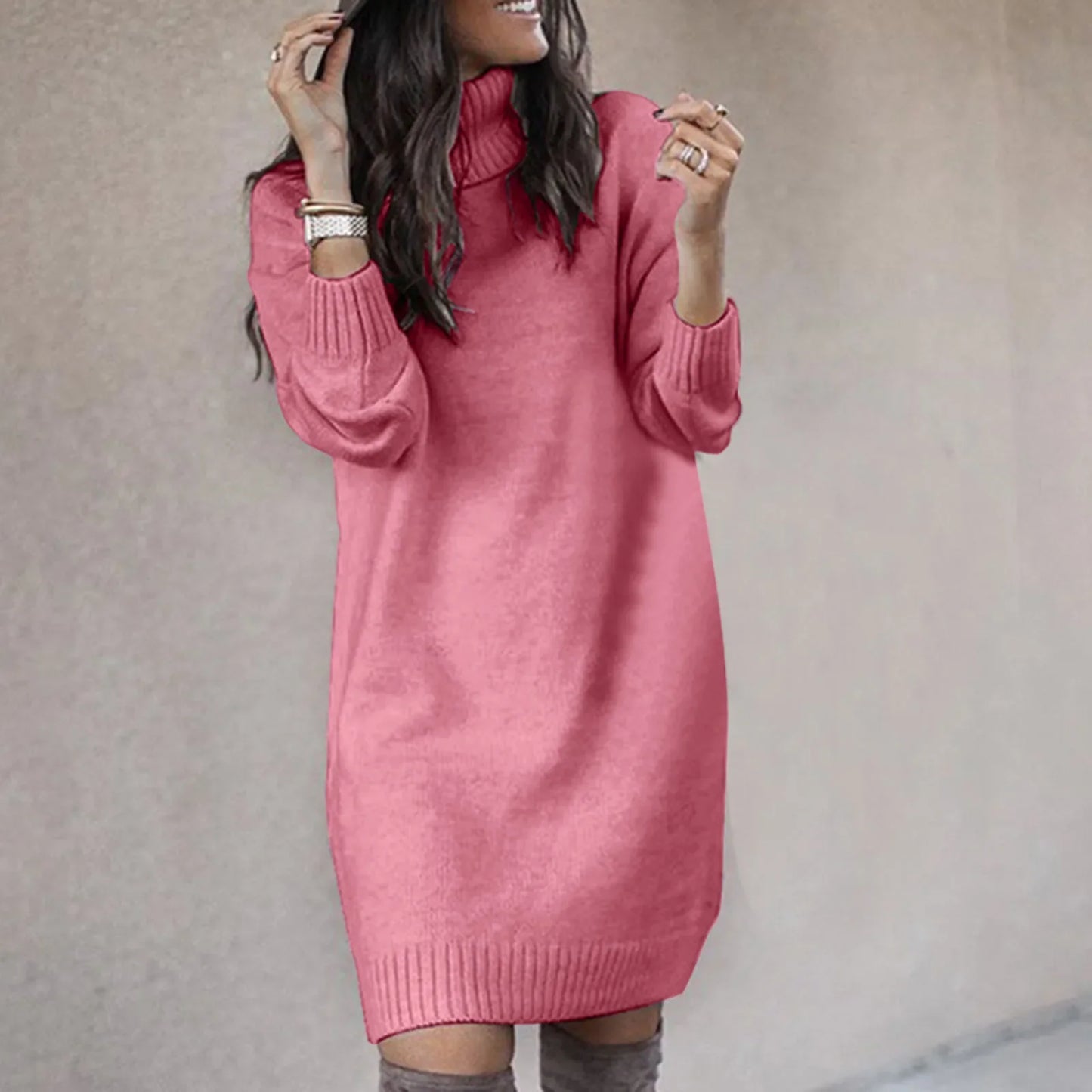 Women Fahsion Sweater Dress Autumn Solid Color Long Sleeve Turtleneck Pullover Mini Dresses Elegant Lady Knitted Party Vestidos