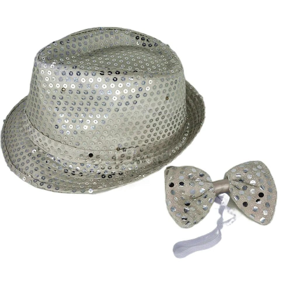 Kids Adult LED Light Up Tie Sequin Jazz Fedora Hat Flashing Neon Party Gift Costume Cap Birthday Wedding Halloween Christmas