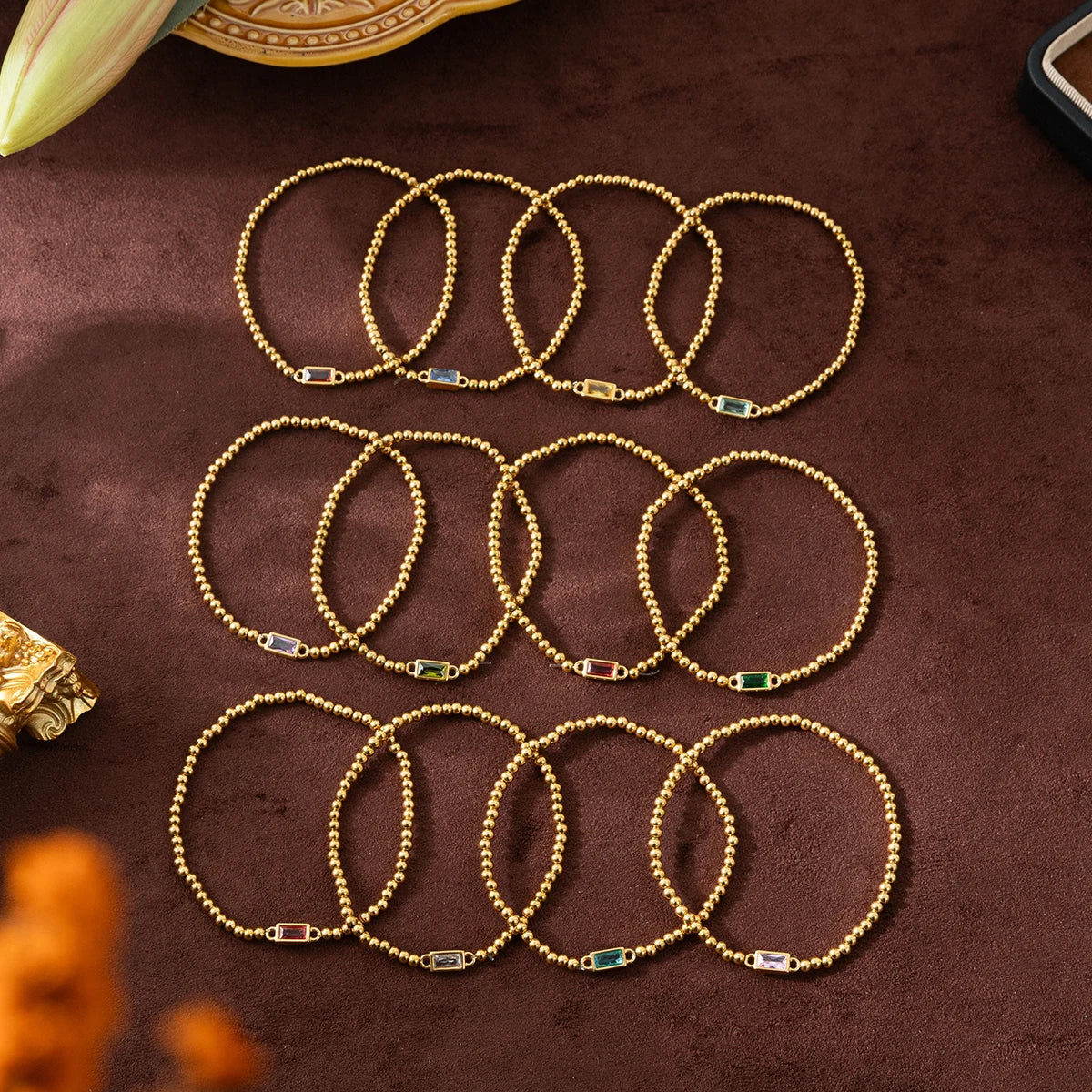 Minimalist style twelve month birthstone women's bracelet, stainless steel, electroplated 18K gold color protection