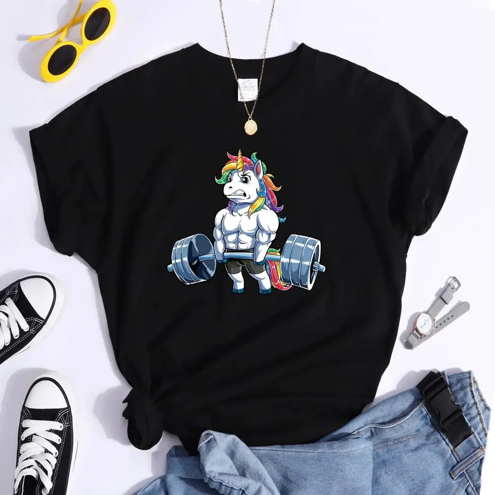 Funny Gym Unicorn Fitness Cute Prints Women T-shirt Summer Casual Short Sleeve Street Loose Breathable Tee Clothes
