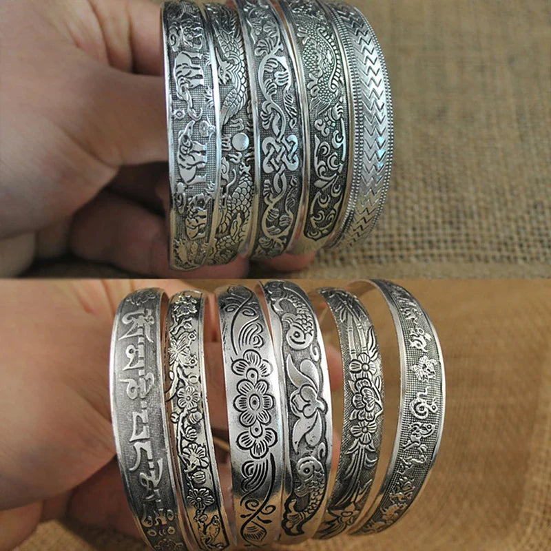 Retro Opening Bracelet Jewelry Vintage Tibetan Silver Totem Carved Bangle Cuff