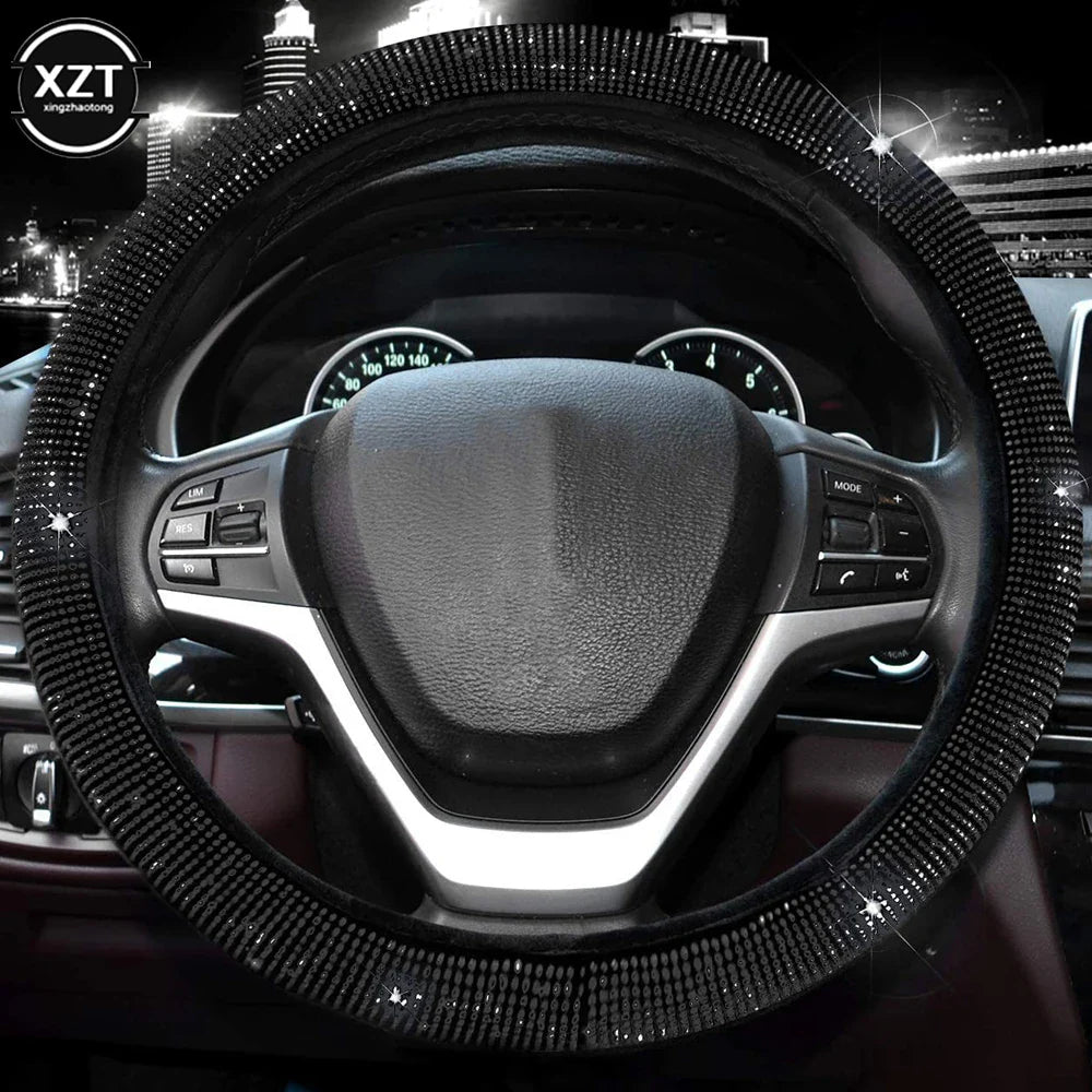 Universal 38CM Rhinestones Steering Wheel Cover with Crystal Diamond Sparkling Car Breathable Anti-Slip Steering Wheel Protector