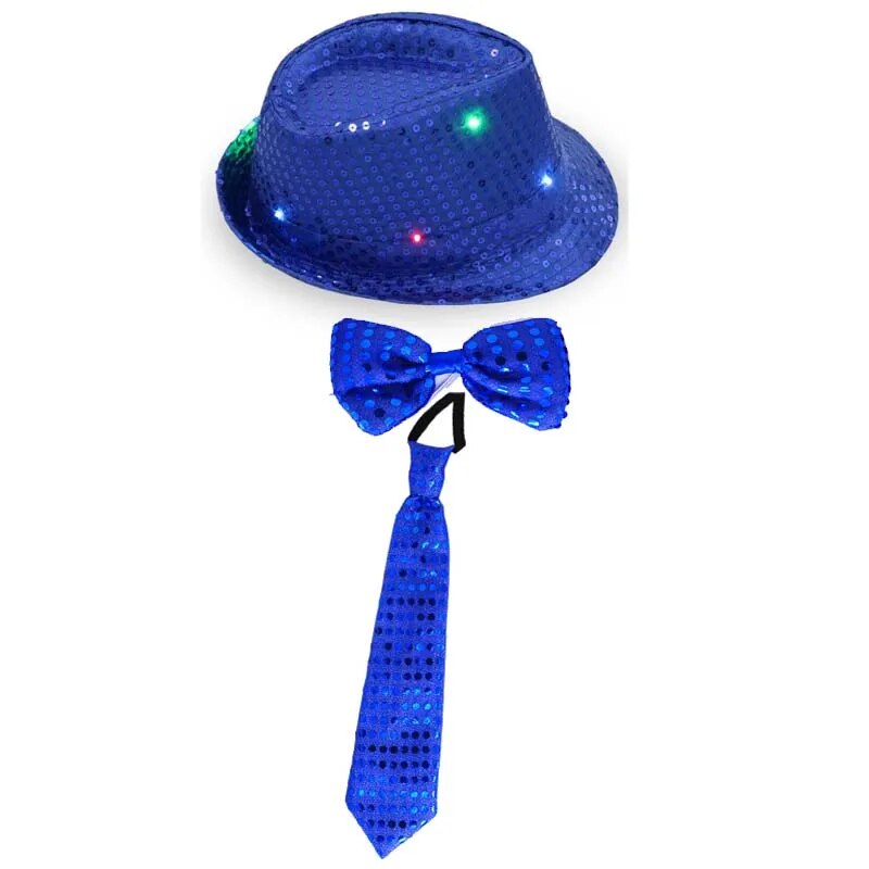 Kids Adult LED Light Up Tie Sequin Jazz Fedora Hat Flashing Neon Party Gift Costume Cap Birthday Wedding Halloween Christmas