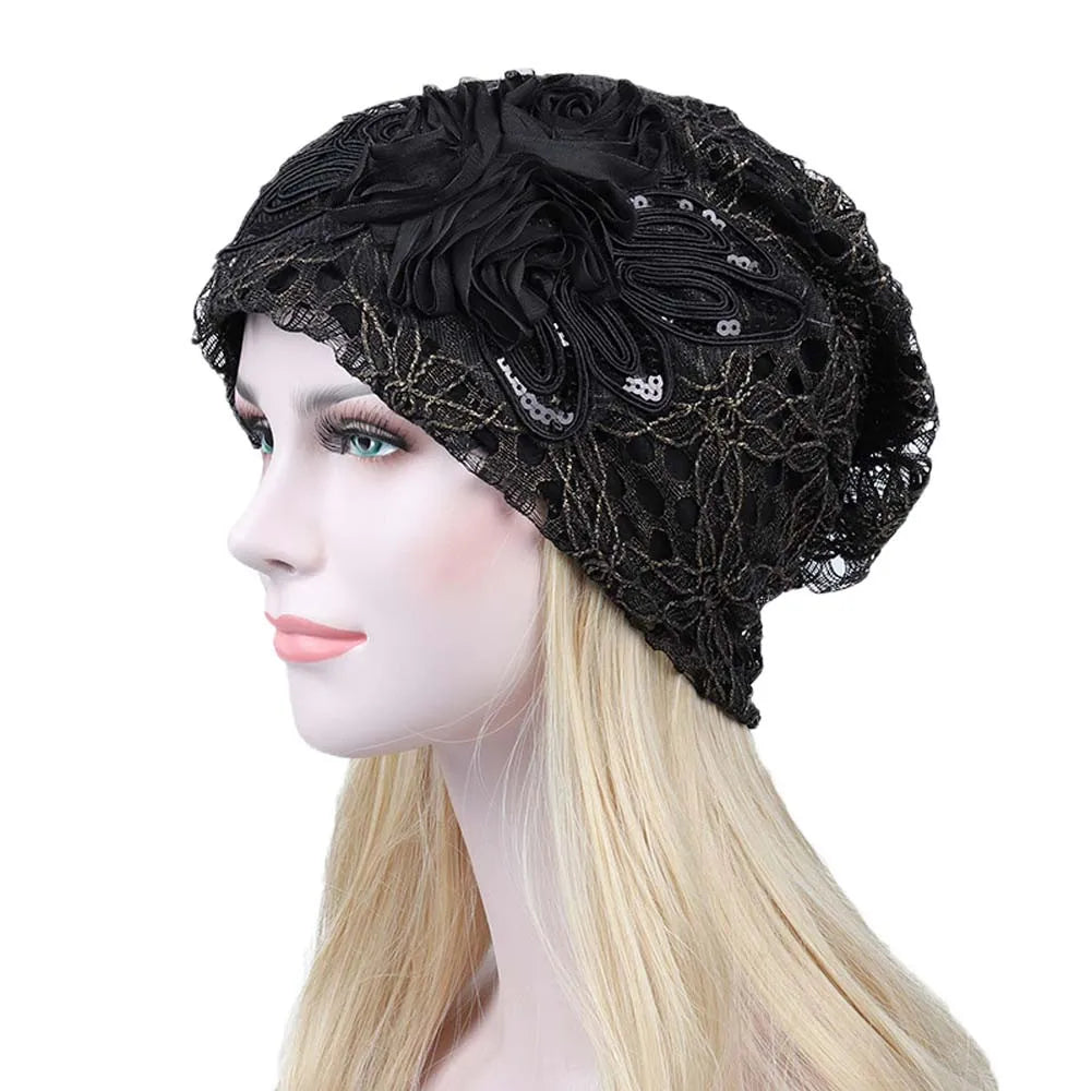 Spring Autumn Hat For Women Beanies Fashion Lace Flower Cap Elasticity Knit Beanie Hats Turban Female Casual Caps Gorros
