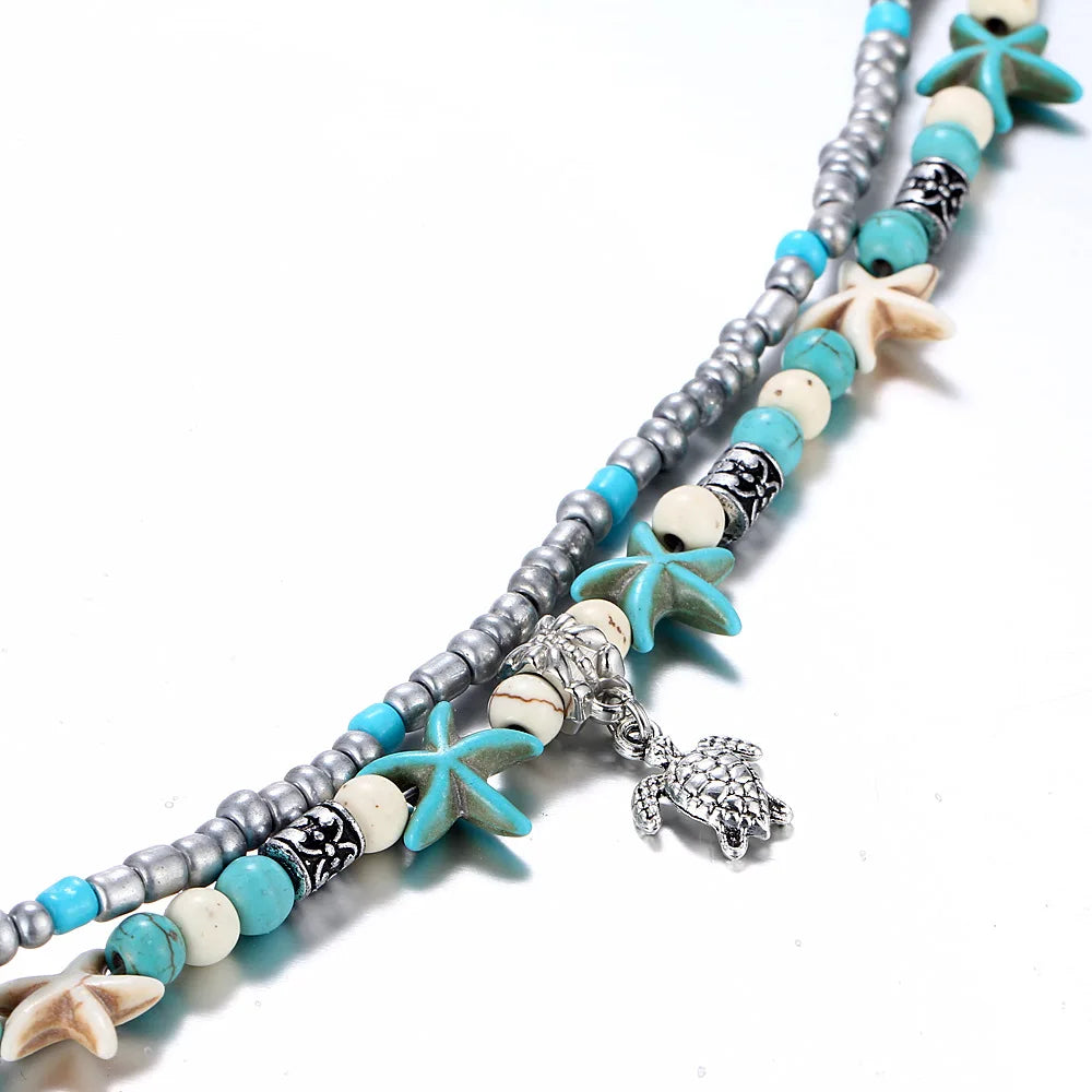 Boho Summer Beach Anklets For Women Turtle Shell Starfish Tree of Life Elephant Ankle Bracelet Multilayer Chain On Foot Jewelry