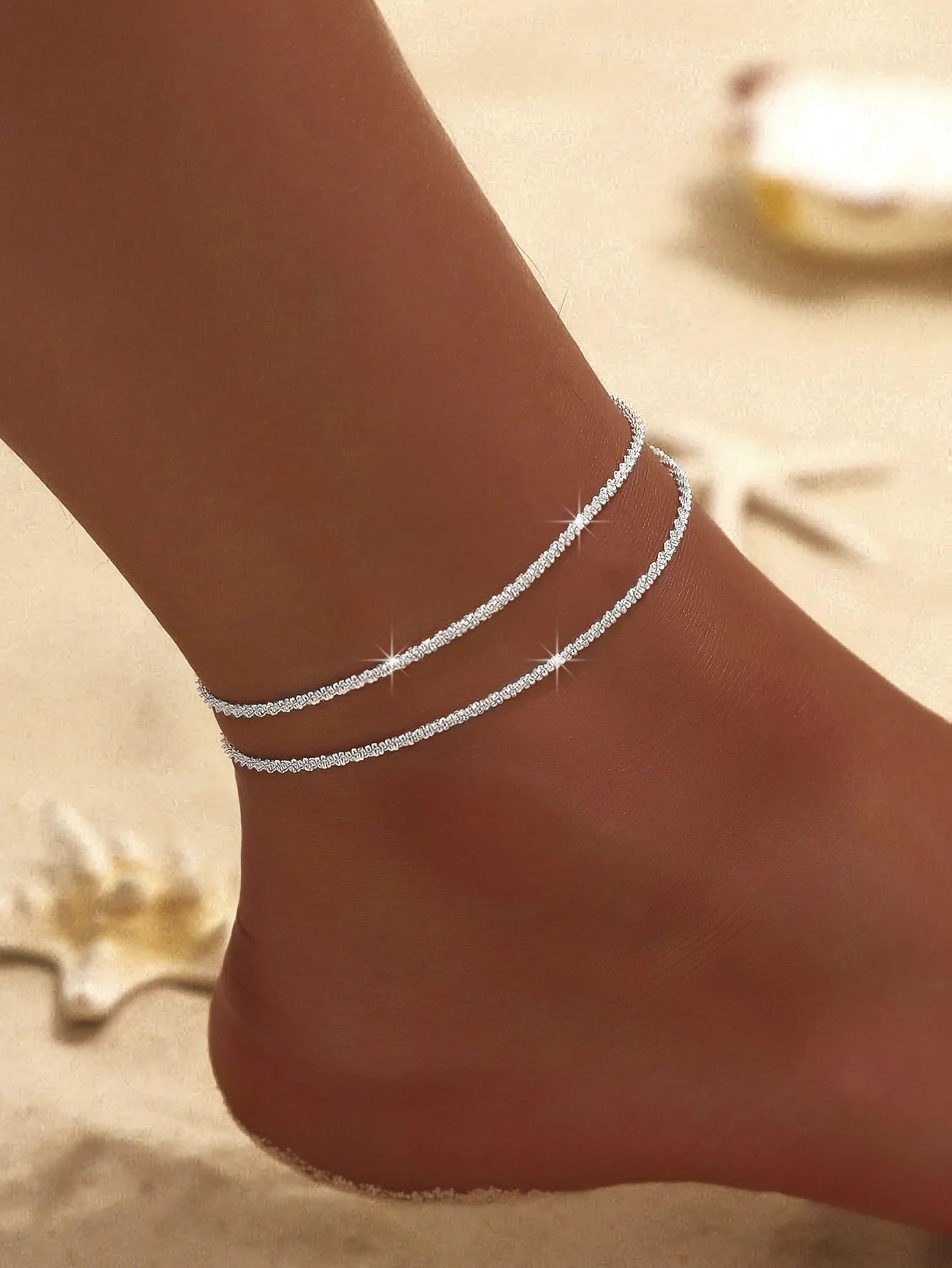 Summer Shiny Sparkling Simple Silver Color Anklet Zircon Cross Love Pearl Double Layer Bracelet On Leg Foot Trendy Beach Jewelry