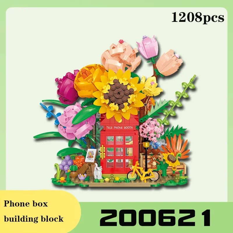 New 1208pcs Eternal Flower building blocks Phone Booth Mini particle 200621 creative assembly pieces puzzle building blocks