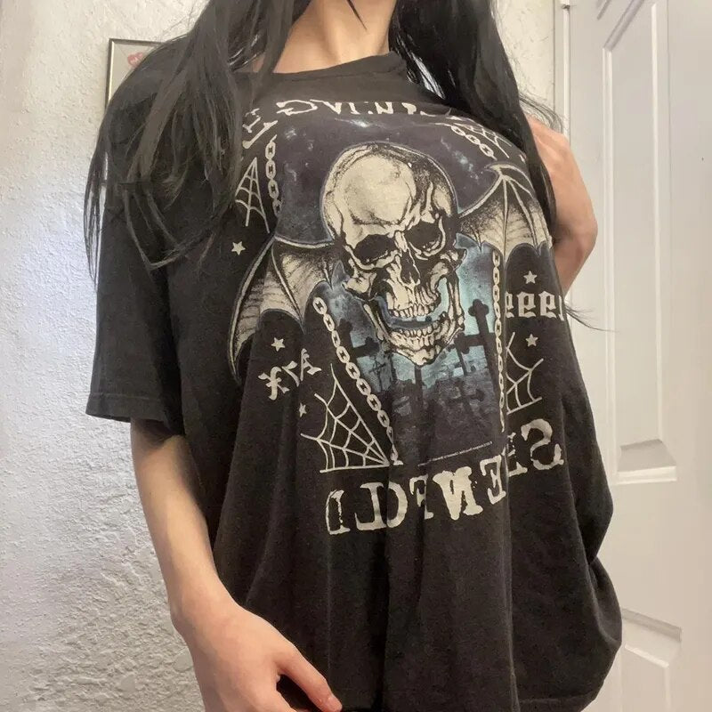 E Girl Graphic Short Sleeve Tops Gothic Skulls Print T Shirt Tees Harajuku Grunge Vintage Pullovers Y2K Retro Mall Goth Clothes