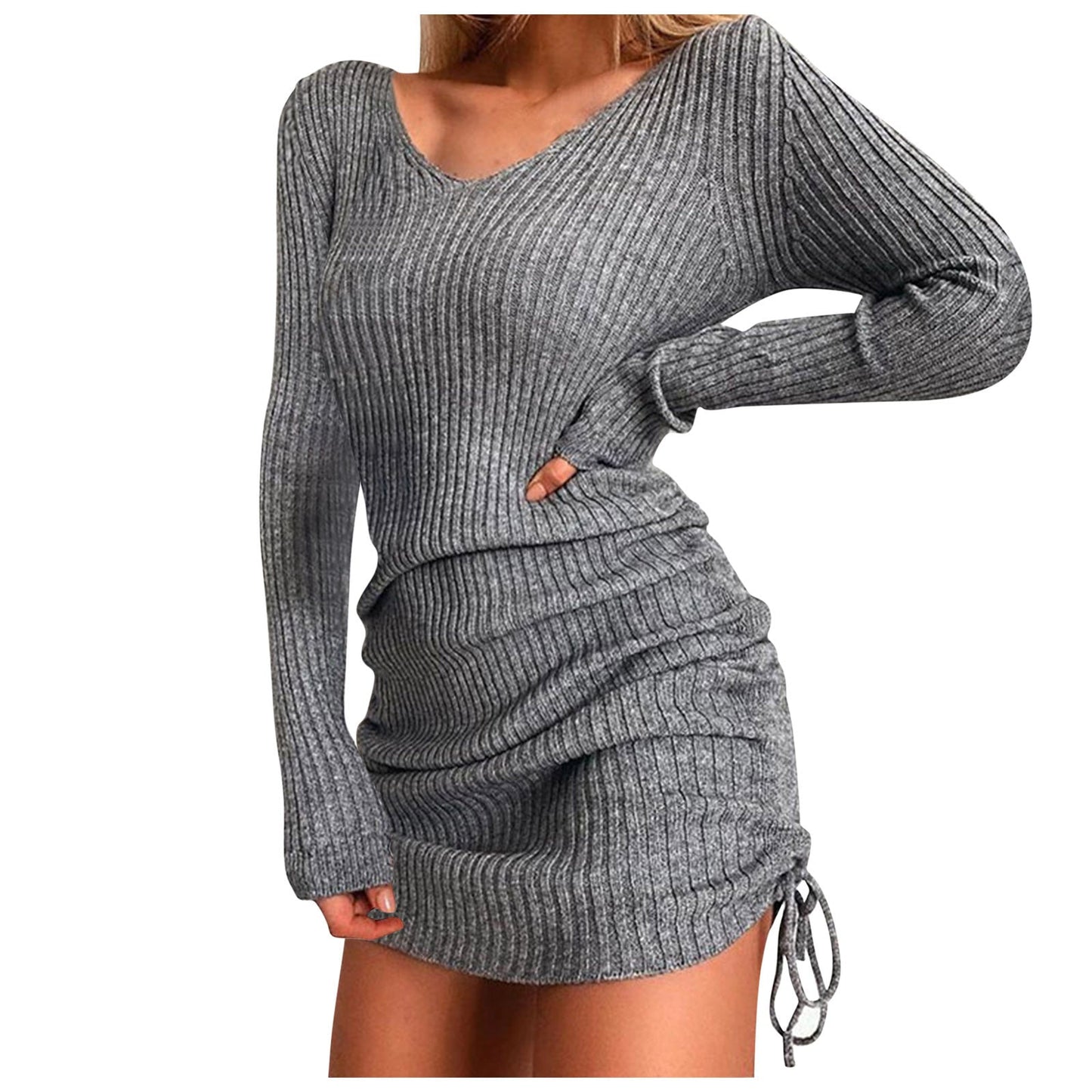 Spring And Winter Women'S V Neck Long Sleeves Slim Thin Hip Dress Warm Sweater Sexy Hip Package Club Street Lady Robe Vestido
