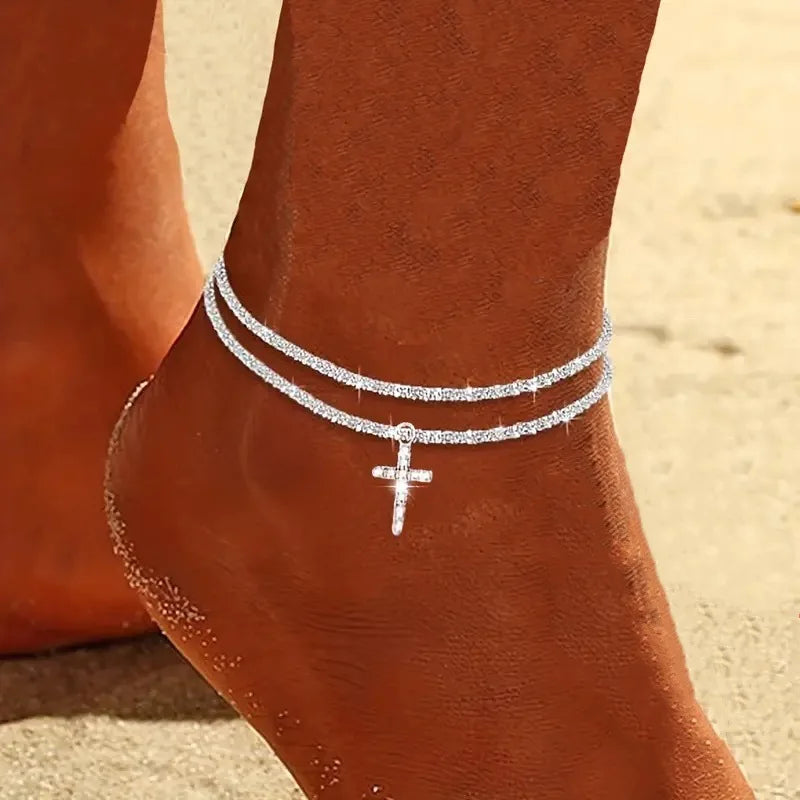 Summer Shiny Sparkling Simple Silver Color Anklet Zircon Cross Love Pearl Double Layer Bracelet On Leg Foot Trendy Beach Jewelry