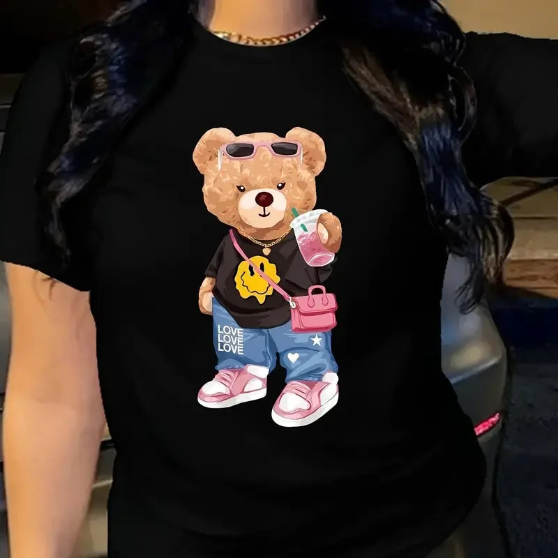 Bear Print T-shirt Short Sleeve Crew Neck Casual Top For Summer Spring Women's Clothing Harajuku Girl and Boy Fashion Clothes