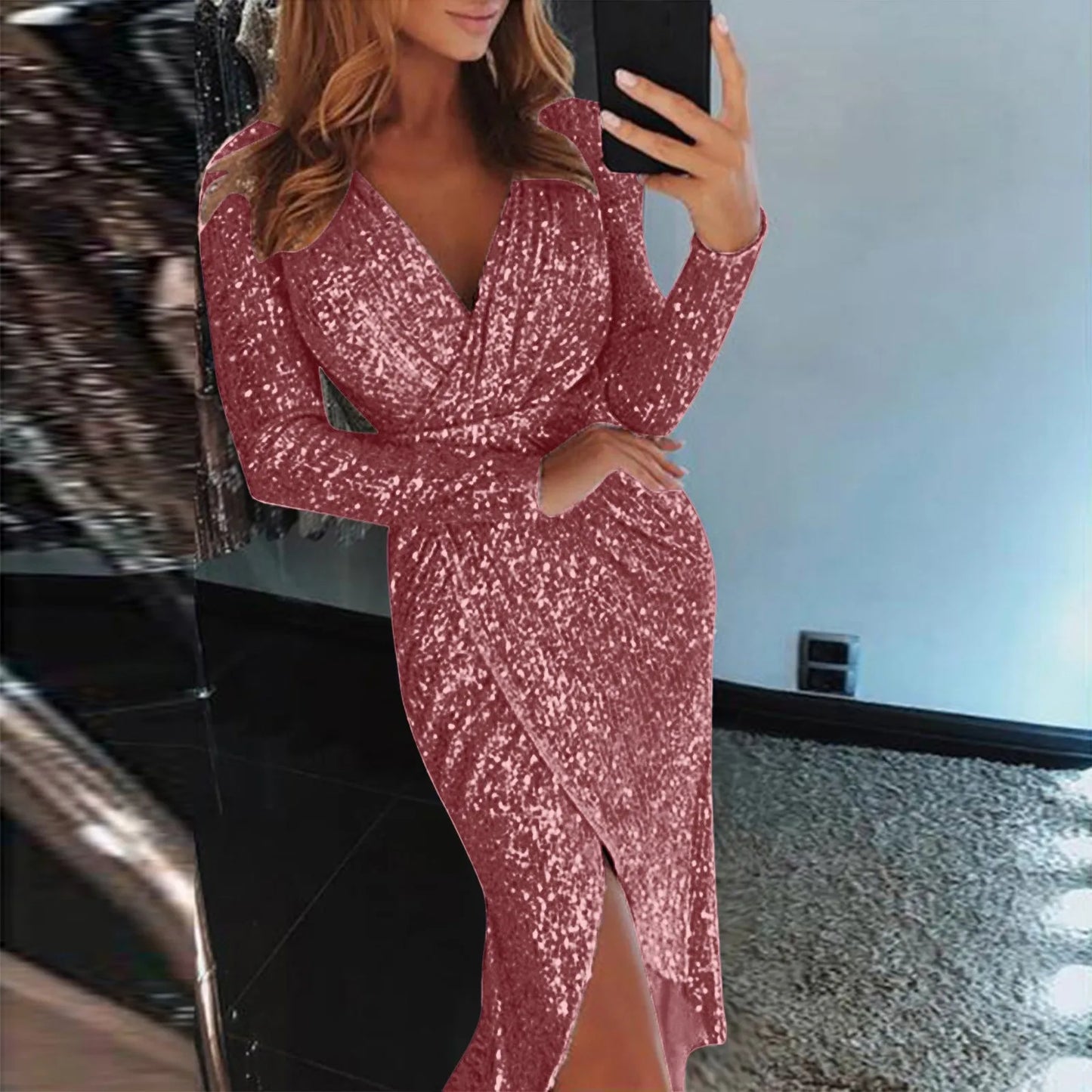 Womens Party Dresses 2024 Sexy Deep V Sequins Wrap Ruched Long Sleeved Formal Dress Nightclub Vestidos For Women Temperament
