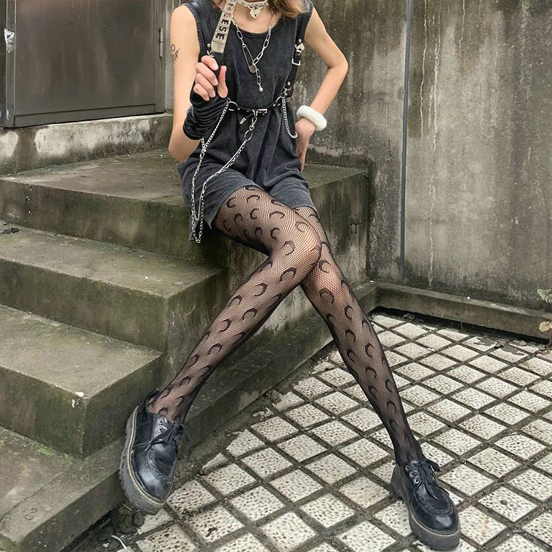 Lolita Cute Pentacle Print Tights Women Sexy Gothic Punk Magical Five-Pointed Star Mesh Fish Net Pantyhose Body Stockings