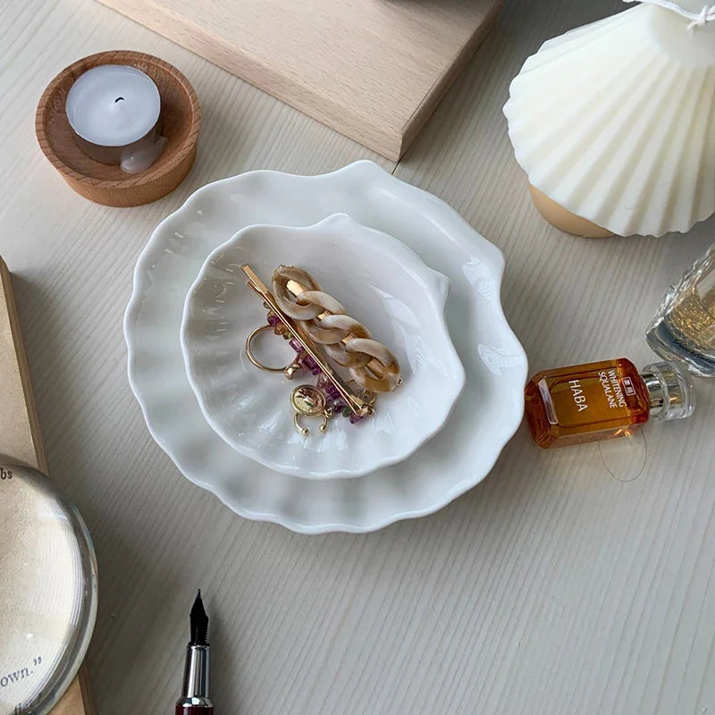 Shell Shaped White Ceramic Plate Jewelry Storage Trays Trays Storage Dishes Ring Earings Plate Home Decorative Tray Design