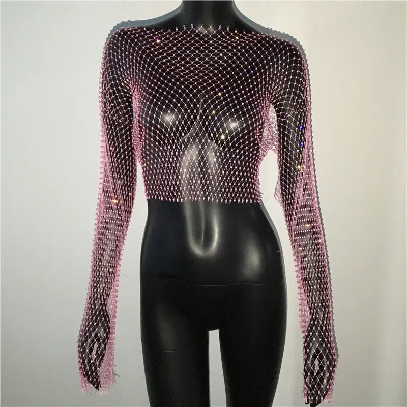 Autumn Women Sexy See Through Fishnet T Shirt Glitter Rhinestone Hollow Mesh Long Sleeve Crop Tops Nightclub Party Festival Top