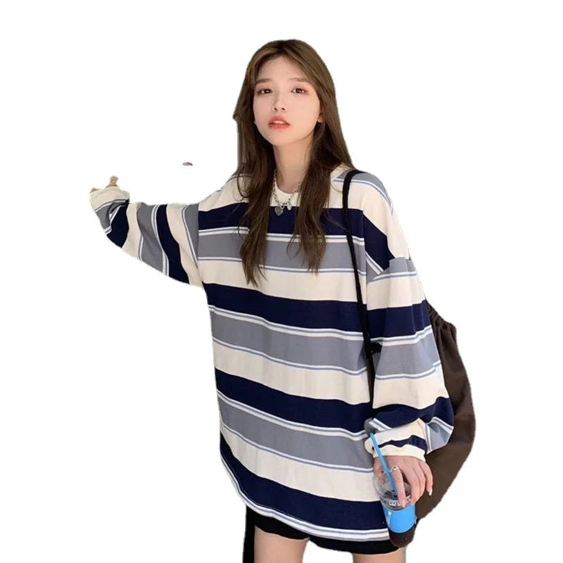 Multi Striped Patchwork Loose T-shirts Summer Women O-Neck Long Sleeve School Tee Tops CDPF-6851