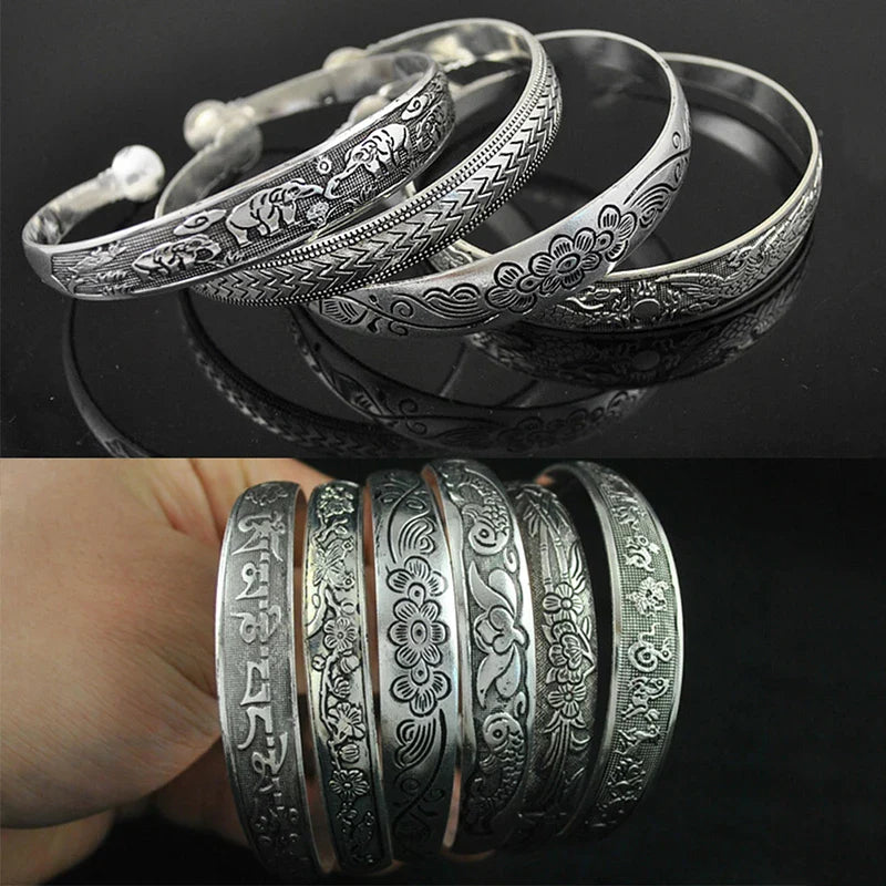 Retro Opening Bracelet Jewelry Vintage Tibetan Silver Totem Carved Bangle Cuff