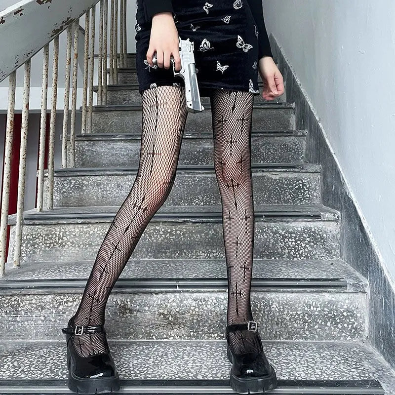 Lolita Cute Pentacle Print Tights Women Sexy Gothic Punk Magical Five-Pointed Star Mesh Fish Net Pantyhose Body Stockings