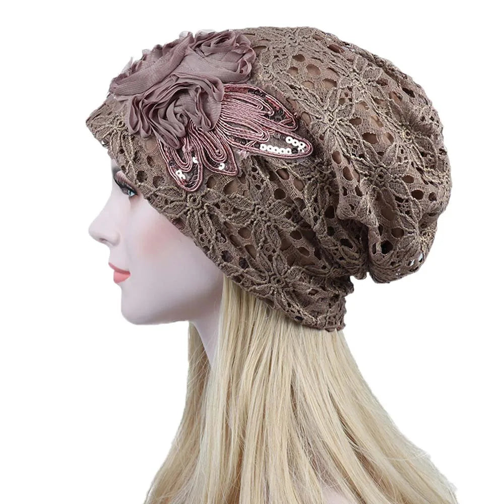 Spring Autumn Hat For Women Beanies Fashion Lace Flower Cap Elasticity Knit Beanie Hats Turban Female Casual Caps Gorros