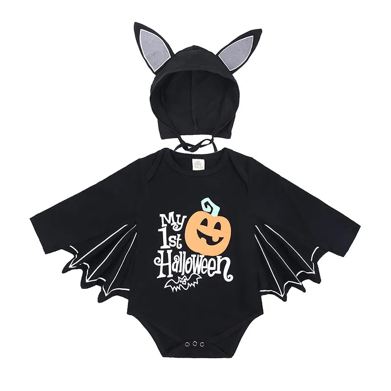 2023 Baby Halloween Cosplay Costume Solid Print Hat+Romper Bag Bone Pumpkin Bodysuit Gift Boy Girl Disguise Vampire Clothes