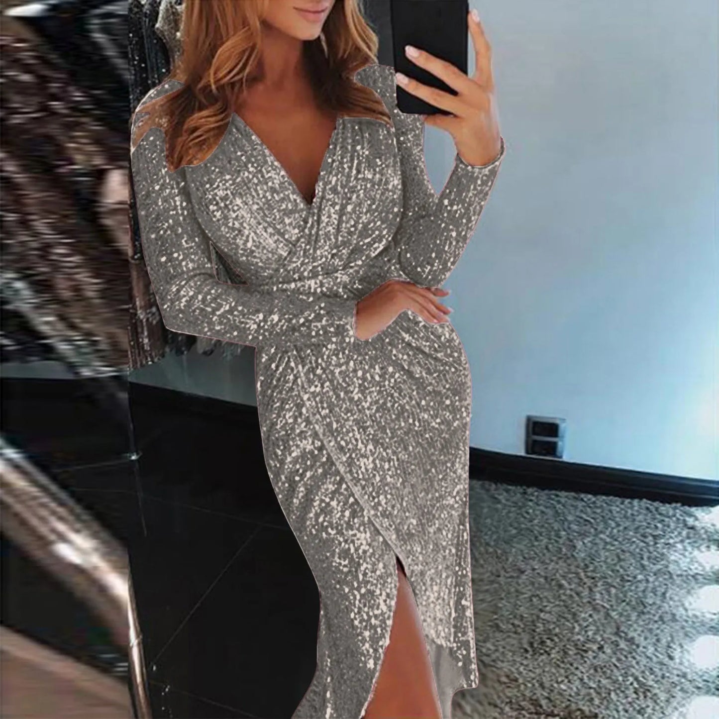 Womens Party Dresses 2024 Sexy Deep V Sequins Wrap Ruched Long Sleeved Formal Dress Nightclub Vestidos For Women Temperament