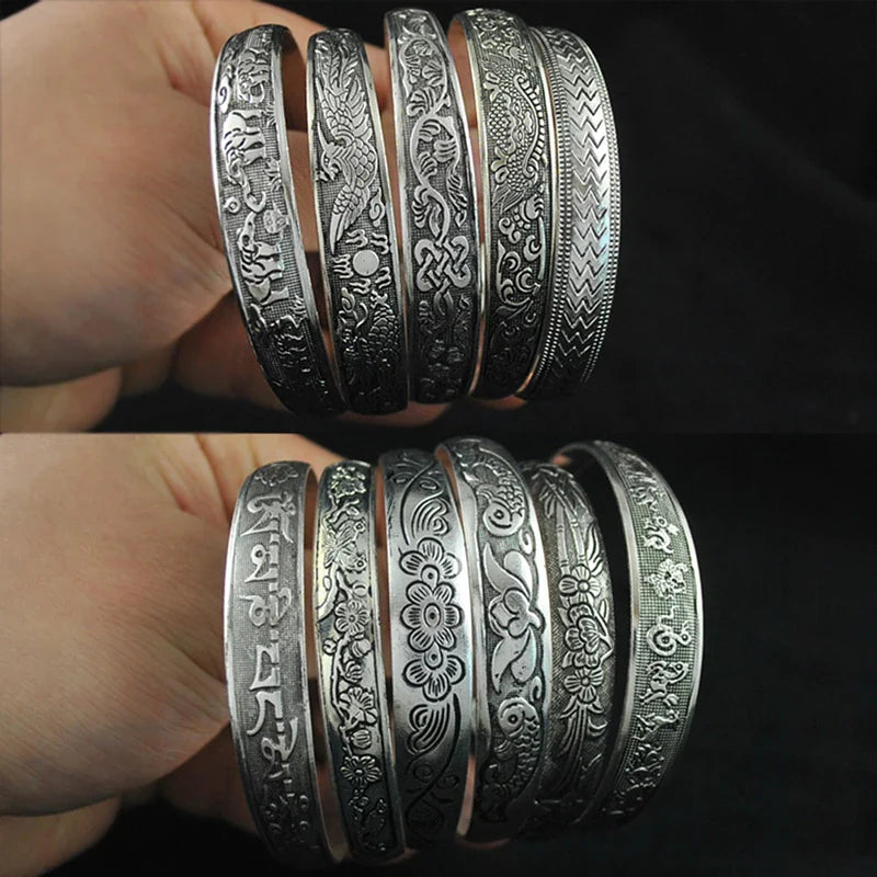 Retro Opening Bracelet Jewelry Vintage Tibetan Silver Totem Carved Bangle Cuff