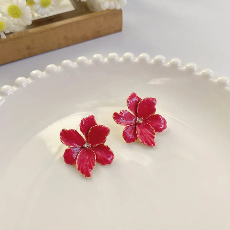 Modern Jewelry 925 Silver Needle Red Flower Earrings Spring Summer Style Popular Design Big Stud Earrings For Women Girl Gift