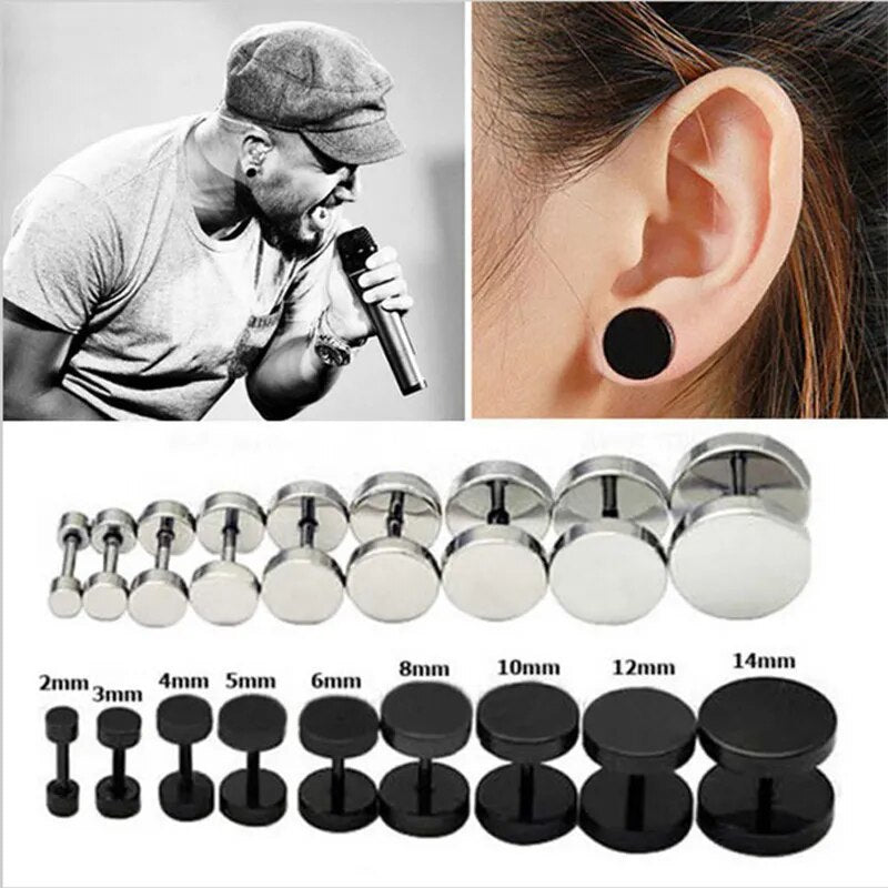 2Pcs/1Pair Gothic Stainless Steel Screw Dumbbell Stud Earrings For Women/Men Hip Hop Rock Hypoallergenic Punk Jewelry