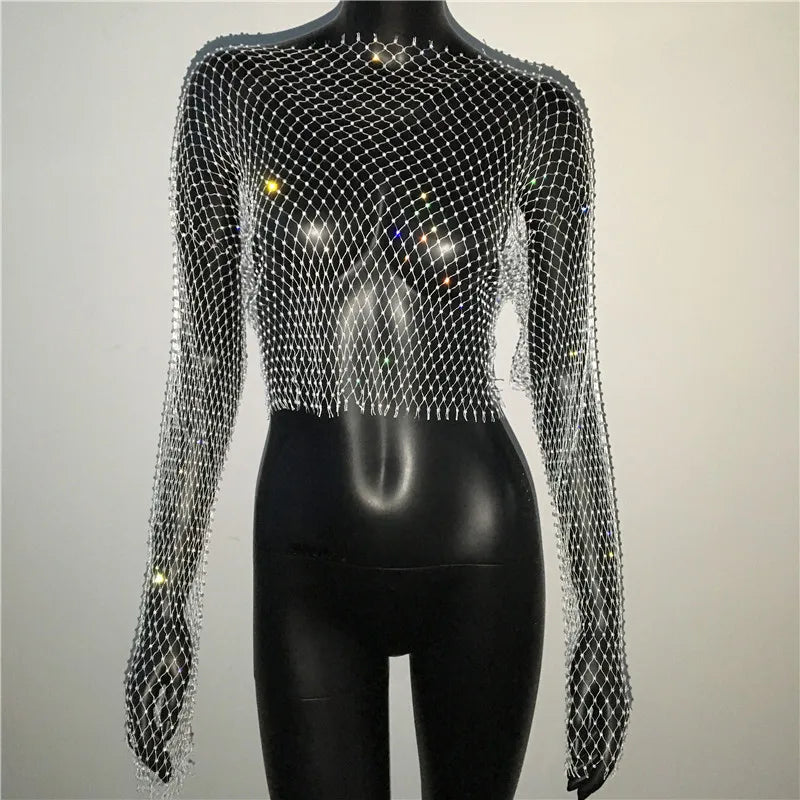 Autumn Women Sexy See Through Fishnet T Shirt Glitter Rhinestone Hollow Mesh Long Sleeve Crop Tops Nightclub Party Festival Top