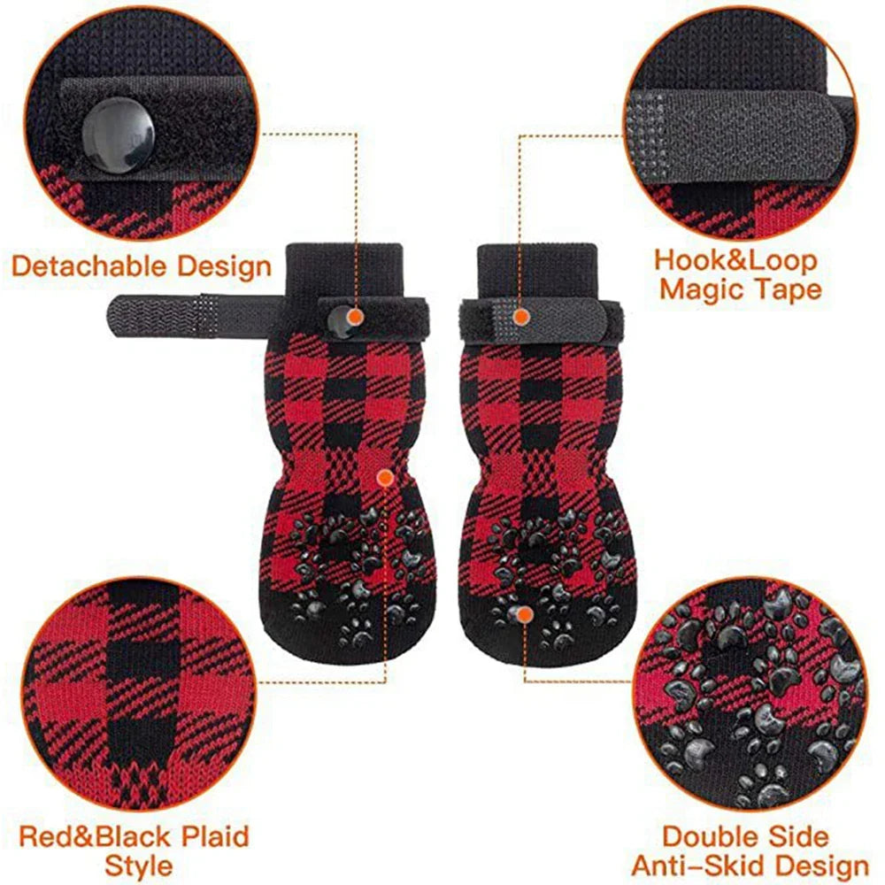4pcs Anti-Slip Pet Dog Cat Socks with Adjustable Straps for Pets Paw Protector for Small Medium Dogs Puppy Dog Shoes Indoor Wear