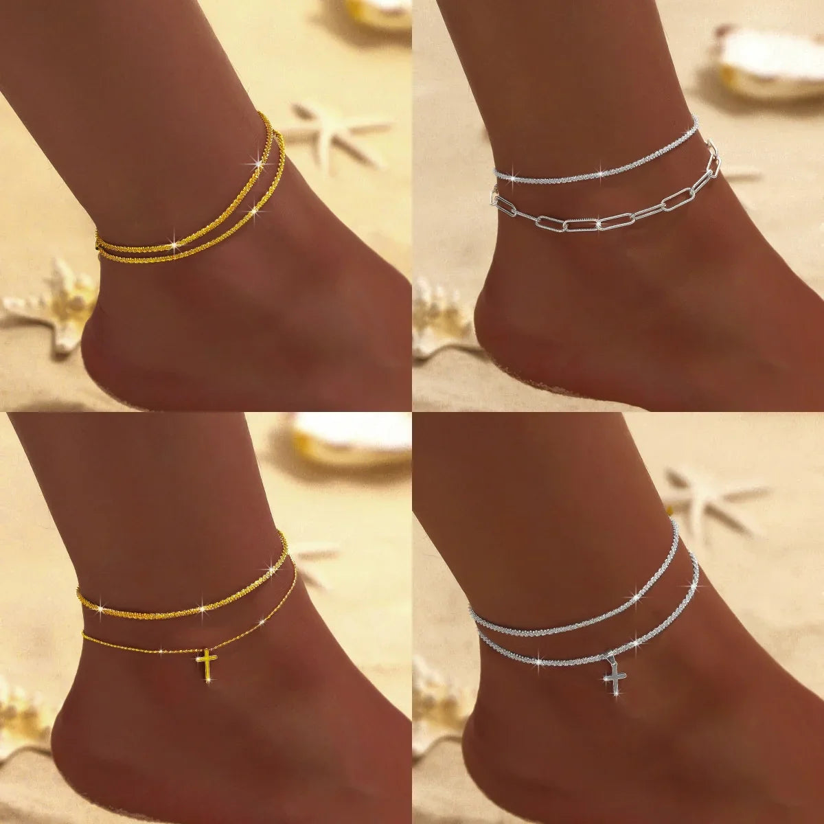 Summer Shiny Sparkling Simple Silver Color Anklet Zircon Cross Love Pearl Double Layer Bracelet On Leg Foot Trendy Beach Jewelry
