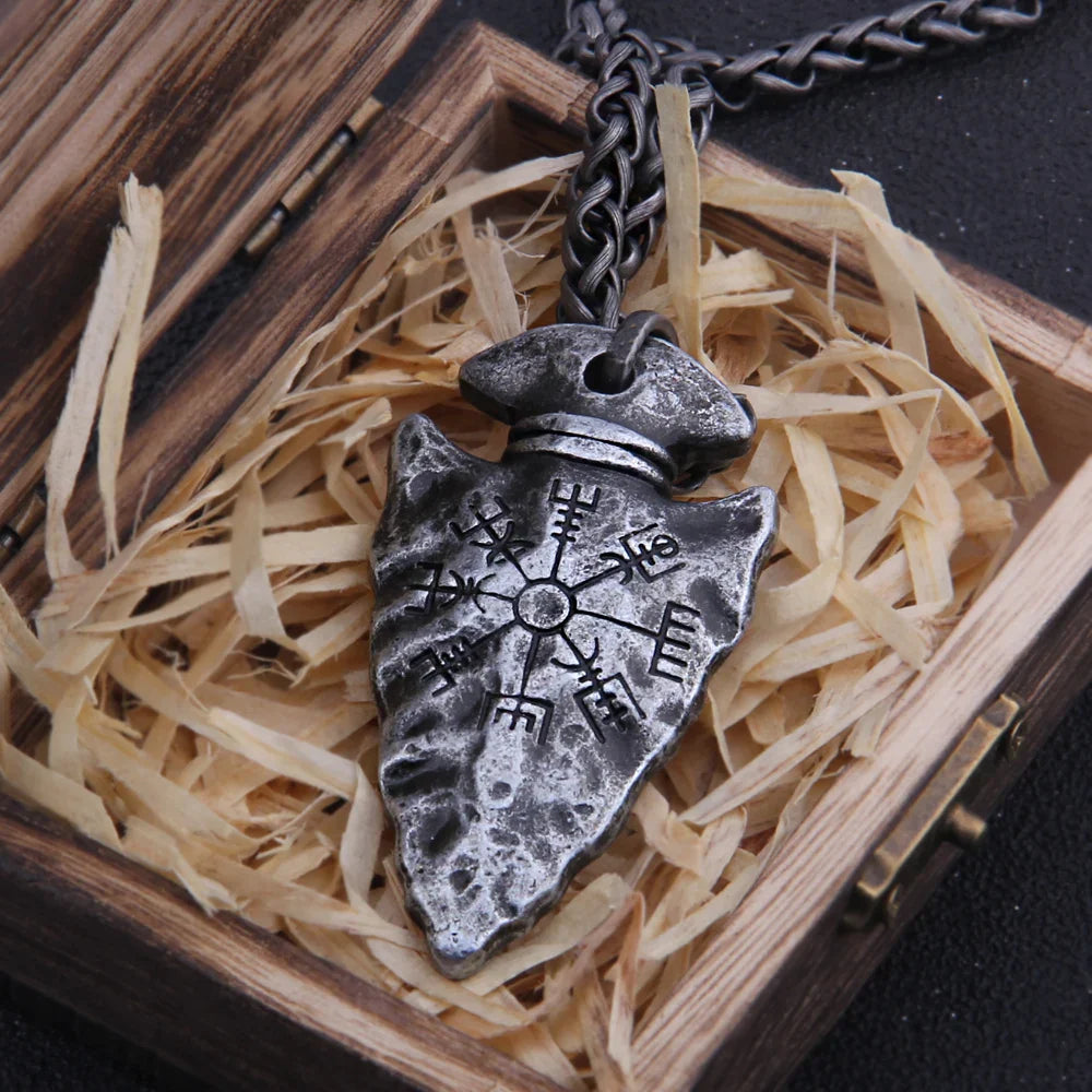 Odin Valknut Rune Necklace - vikings spear Men's Stainless Steel Necklace in Wooden Box