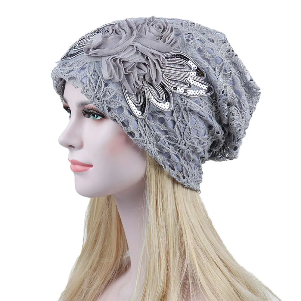 Spring Autumn Hat For Women Beanies Fashion Lace Flower Cap Elasticity Knit Beanie Hats Turban Female Casual Caps Gorros
