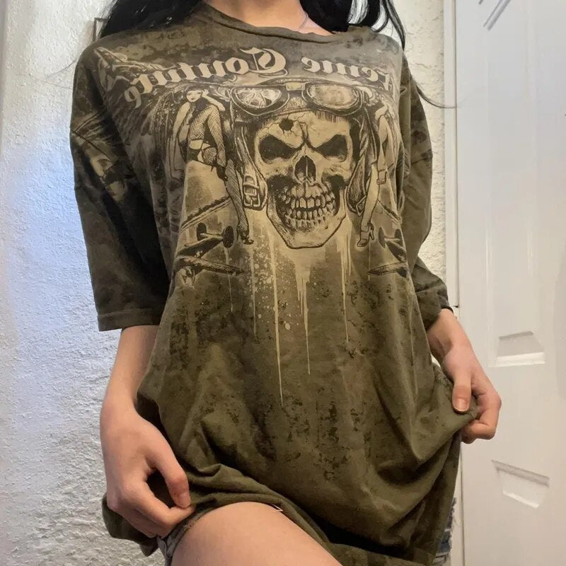 E Girl Graphic Short Sleeve Tops Gothic Skulls Print T Shirt Tees Harajuku Grunge Vintage Pullovers Y2K Retro Mall Goth Clothes