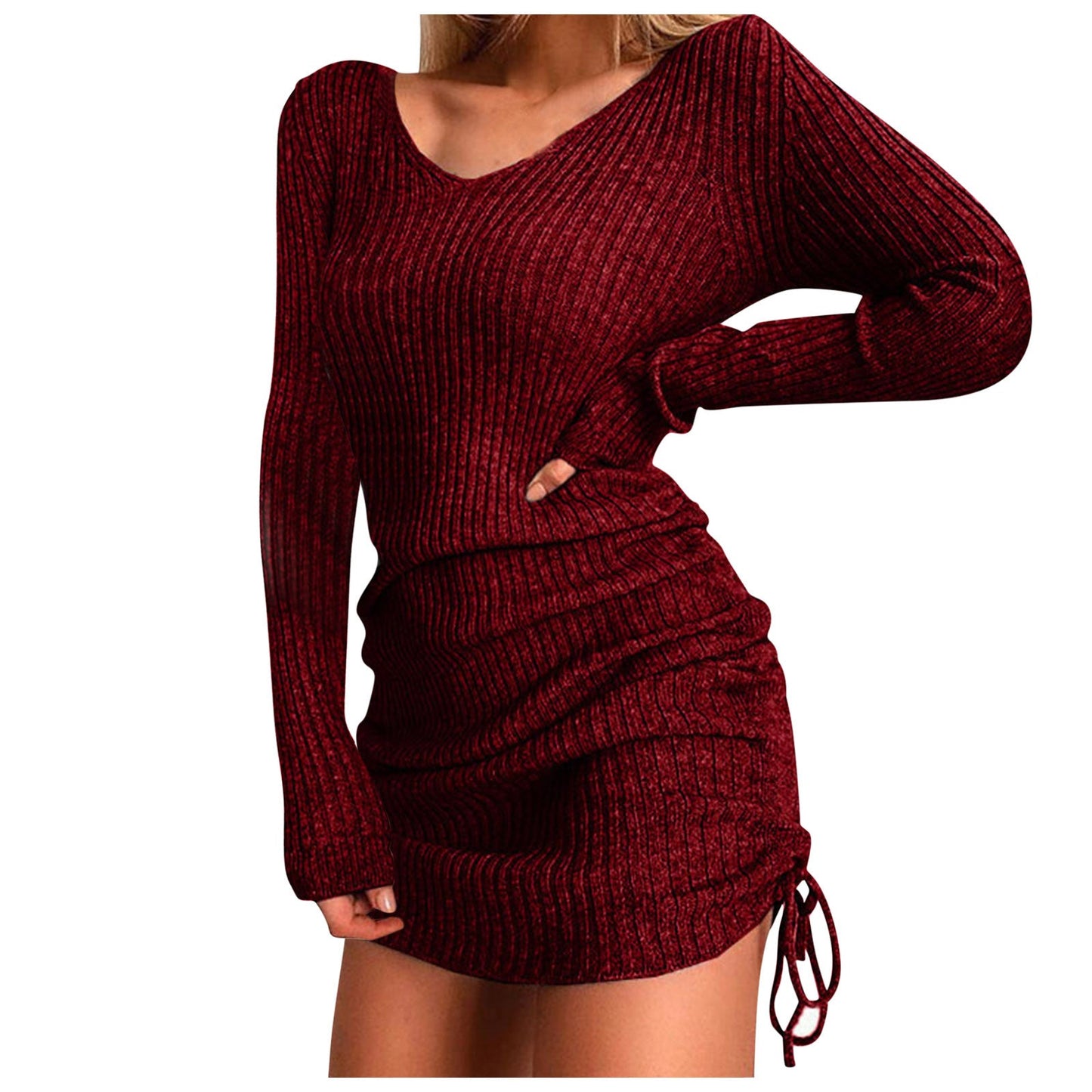 Spring And Winter Women'S V Neck Long Sleeves Slim Thin Hip Dress Warm Sweater Sexy Hip Package Club Street Lady Robe Vestido