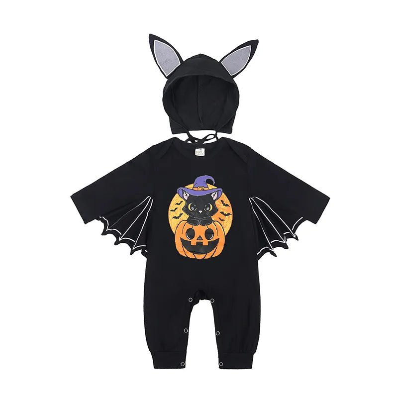 2023 Baby Halloween Cosplay Costume Solid Print Hat+Romper Bag Bone Pumpkin Bodysuit Gift Boy Girl Disguise Vampire Clothes