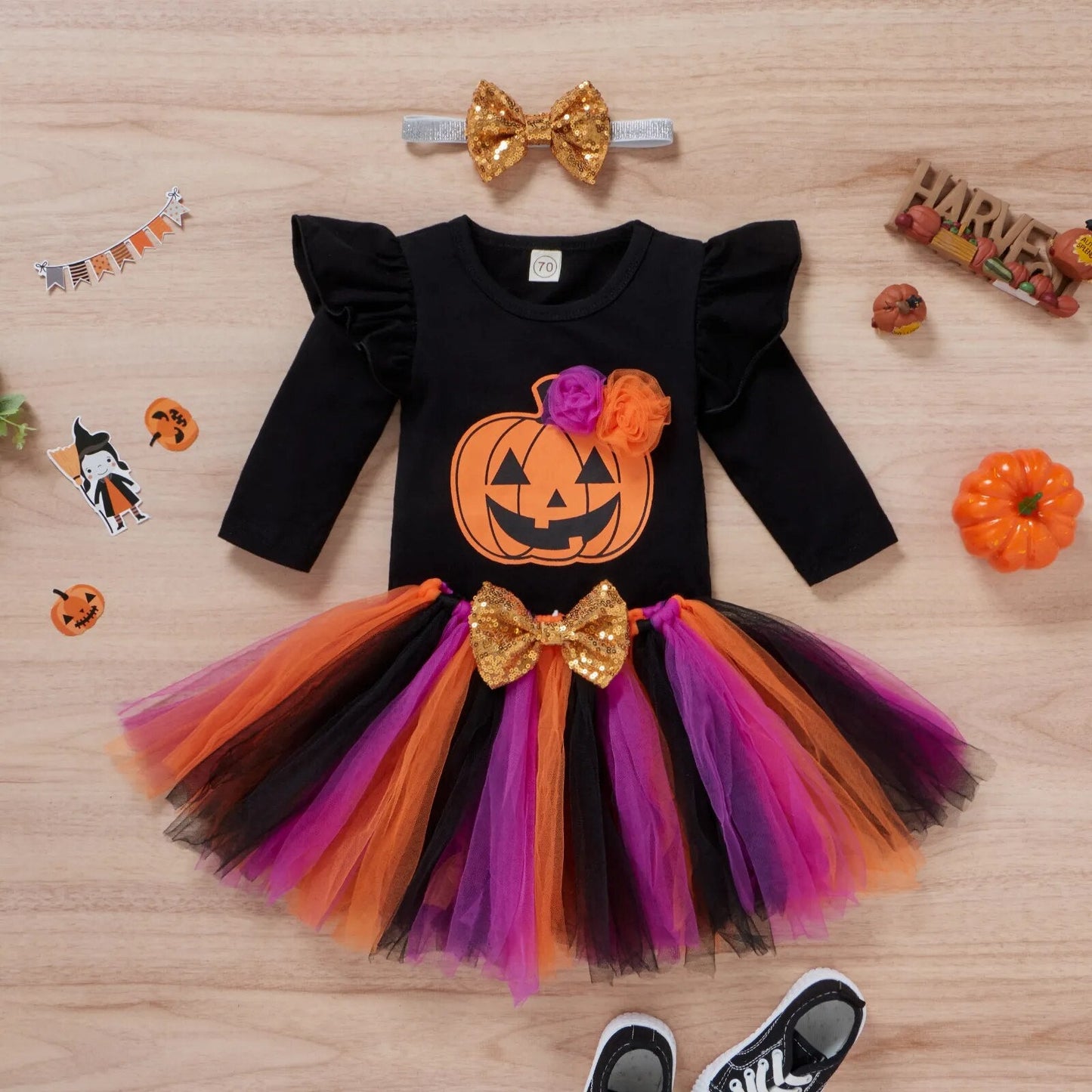 Baby Girls Halloween Clothes Set Long Sleeve Letter Printed Romper Multicolor Yarn Skirt Headdress Halloween Costume