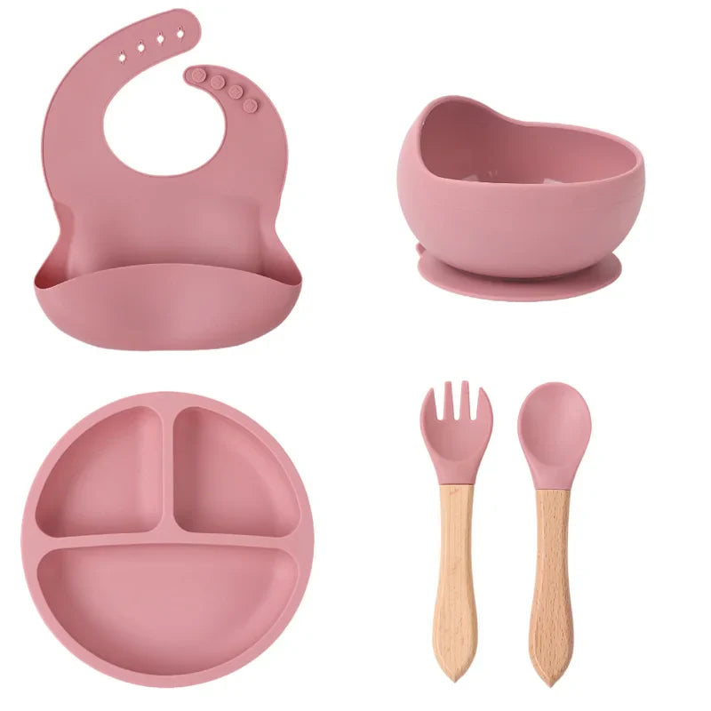 Children's silicone tableware set Baby Complementary Food Training 1/2/3/5PCS Set Sucker Bowl Bib Cup Fork Spoon Set Maternal