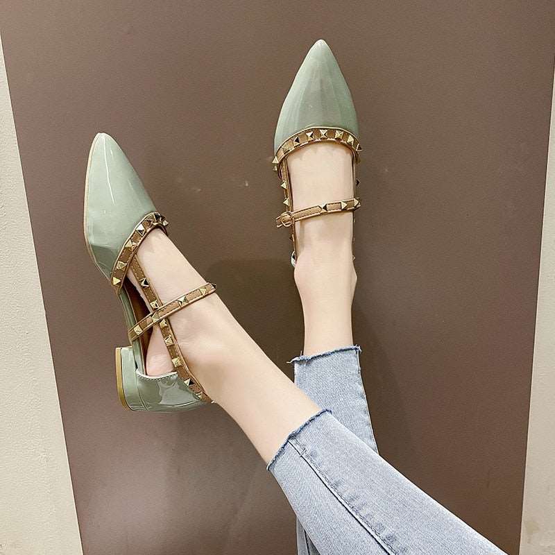 New High Heels Pointed Toe Buckle Rivets Summer Sexy Mules Fashion All-match Net Red Banquet Thick Heels Women's High Heels
