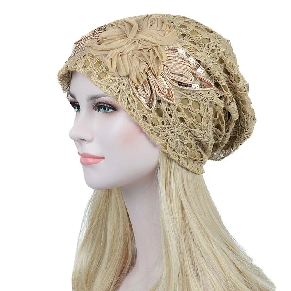 Spring Autumn Hat For Women Beanies Fashion Lace Flower Cap Elasticity Knit Beanie Hats Turban Female Casual Caps Gorros