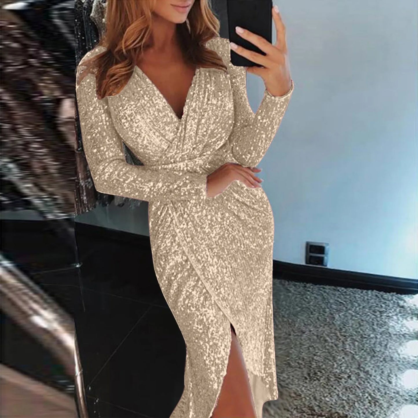 Womens Party Dresses 2024 Sexy Deep V Sequins Wrap Ruched Long Sleeved Formal Dress Nightclub Vestidos For Women Temperament