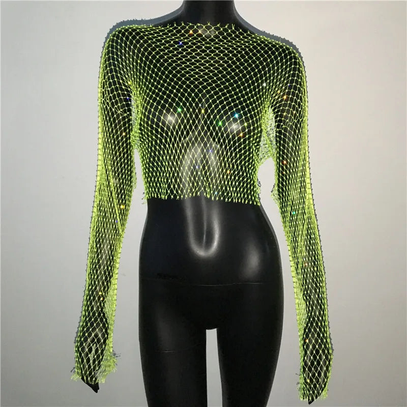 Autumn Women Sexy See Through Fishnet T Shirt Glitter Rhinestone Hollow Mesh Long Sleeve Crop Tops Nightclub Party Festival Top
